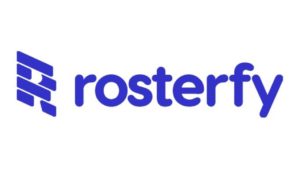 Rosterfy logo in blue on a white background