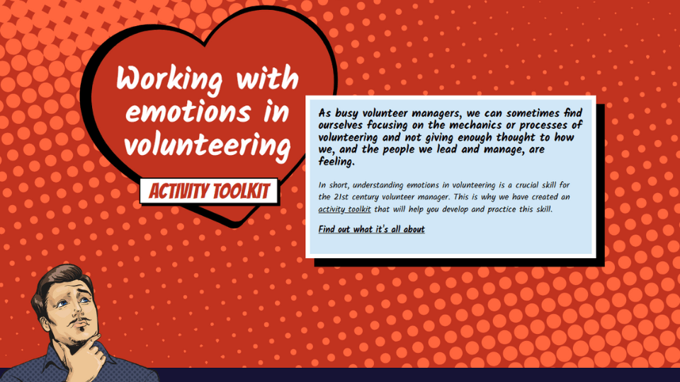 Image shows a red heart with the words 'Working with Emotion in Volunteering' written inside it