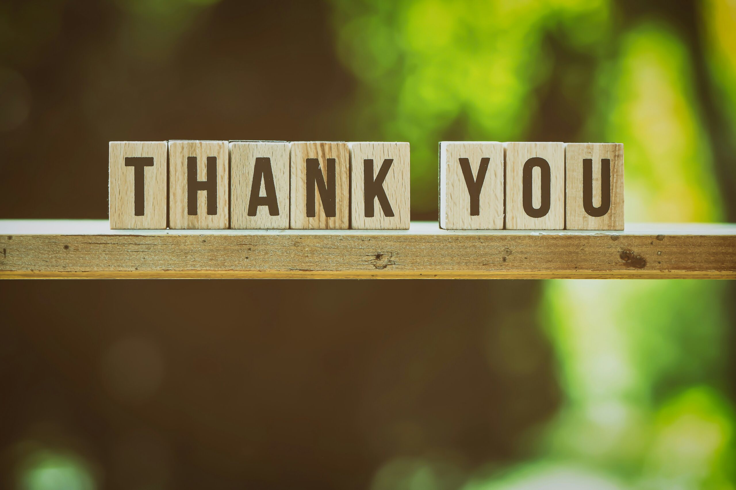 Wooden counters spelling out the words Thank you